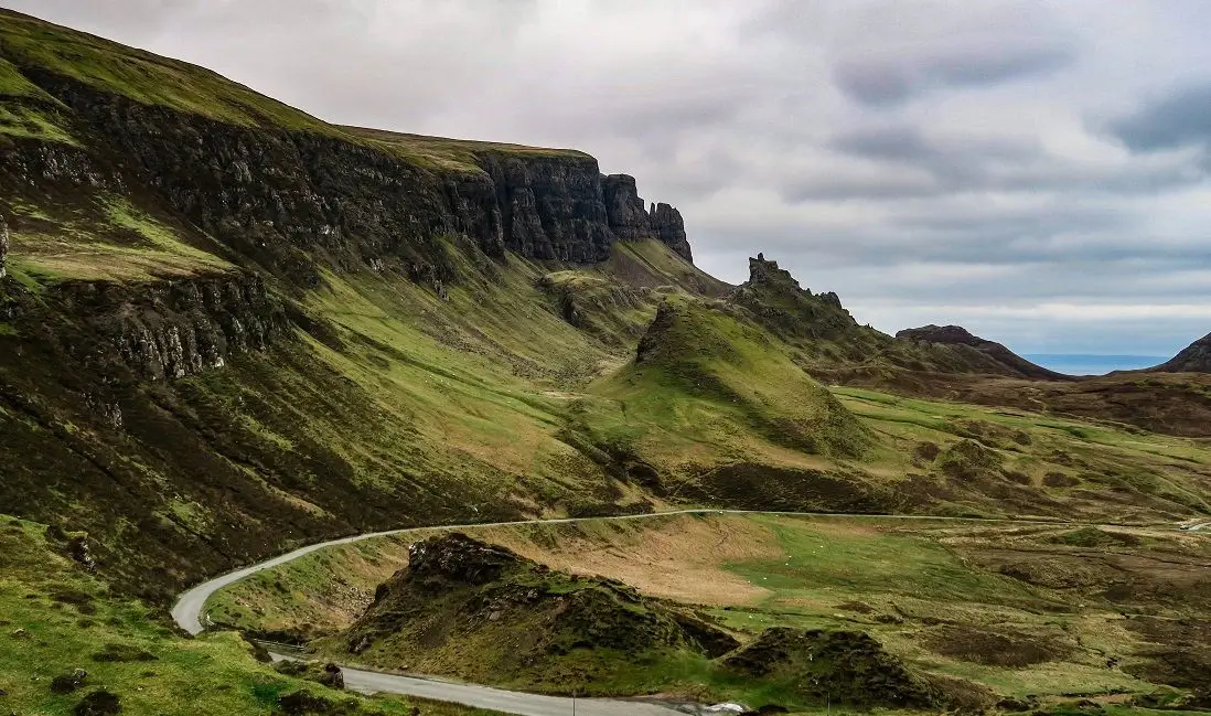 Dramatic landscape of the Isle of Skye in Scotland with jagged mountains