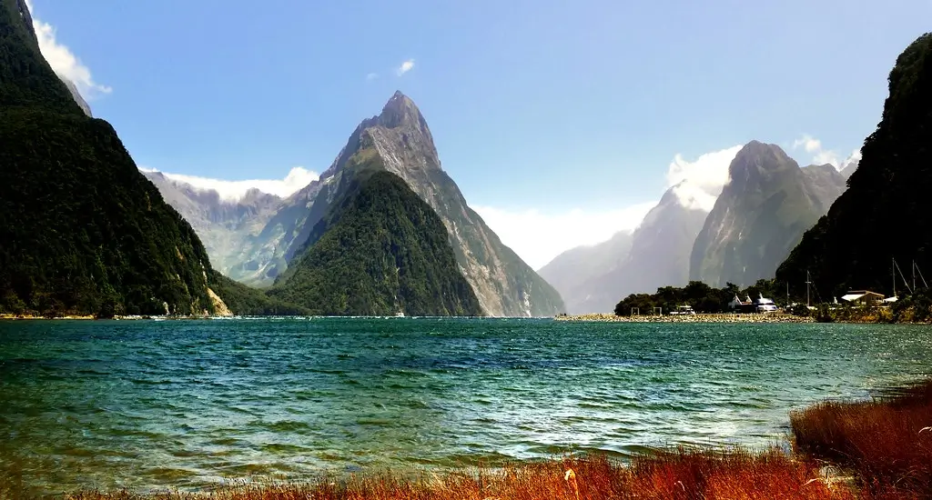 Breathtaking landscape of Milford Sound in New Zealand with Mitre Peak