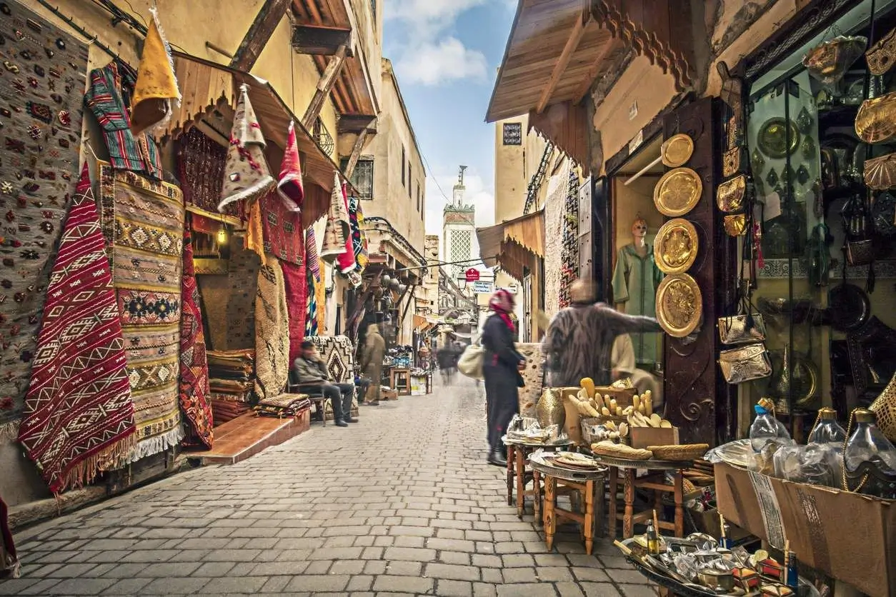 Colorful street market in Marrakesh, Morocco
