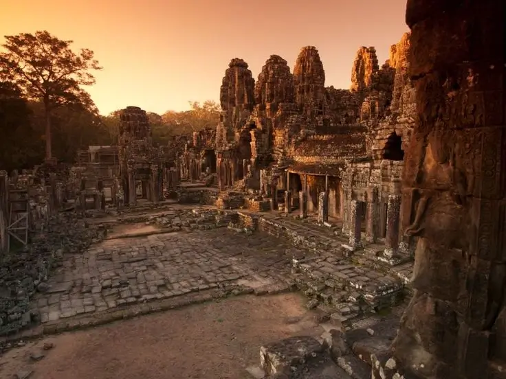 Ancient ruins of Angkor Wat temple in Cambodia at sunrise