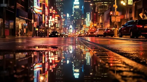 Vibrant and bustling historic European city street at dusk